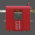 Red China Welfare Lottery Kiosk With Striped Awning Windows And Wheels
