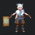White Haired Horned Creature Inspired Character Holding Old Scroll with Mystic Symbol in Fantasy World