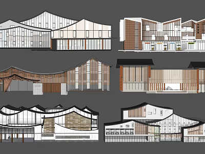 Various Modern Traditional Architectural Facades With Curved Roofs And Wood Glass Elements 3d model