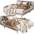 Minimalist Double Bed With Upholstered Frame Brown Comforter Patterned Blanket And Pillows 3d model