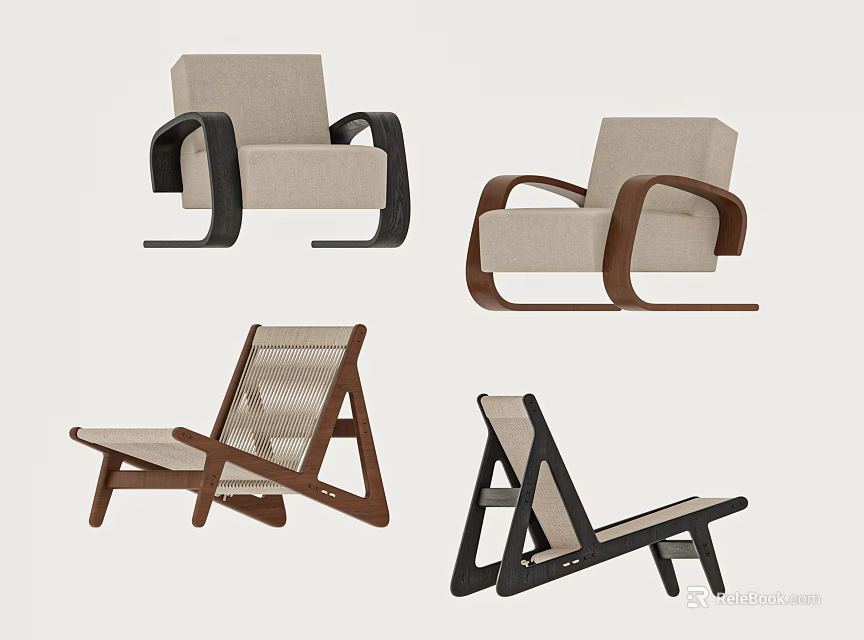 Modern Leisure Chairs With Wooden Frames Upholstered Seats Woven Details And Sleek Designs 3d model 