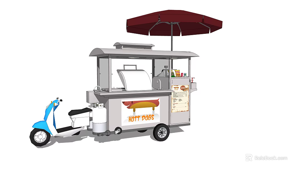 Mobile Hot Dog Food Cart With Umbrella And Menu Board 3d model 
