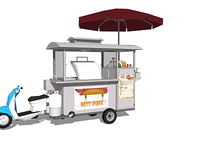 Mobile Hot Dog Food Cart With Umbrella And Menu Board 3d model