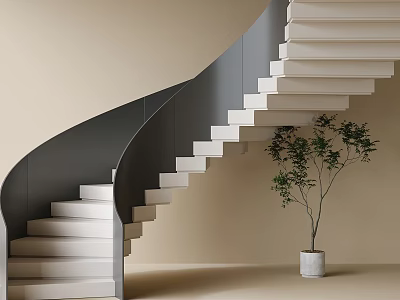 Modern Spiral Staircase Design With White Steps Black Railing And Potted Plant 3d model