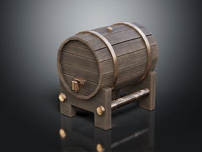 Wooden Decorative Storage Barrel With Metal Hoops Small Brass Lock And Wooden Stand 3d model