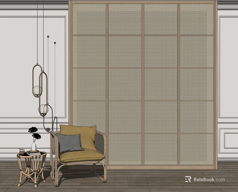 Modern Armchair Interior With Yellow Gray Pillows And Wooden Side Table 3d model 