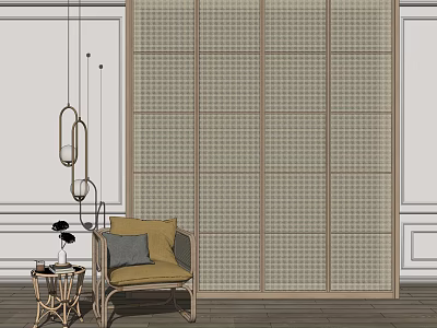 Modern Armchair Interior With Yellow Gray Pillows And Wooden Side Table 3d model