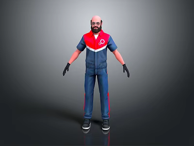 Bald Bearded Game Movie Character With Blue Red Jumpsuit And Black Gloves Standing 3d model