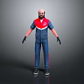 Bald Bearded Game Movie Character With Blue Red Jumpsuit And Black Gloves Standing