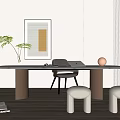 Modern Desk with Plant Framed Painting Laptop Chair and White Stools on Wooden Floor