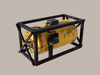Yellow Gas Cylinder in Black Metal Frame with Electronic Device and GAS Label 3d model