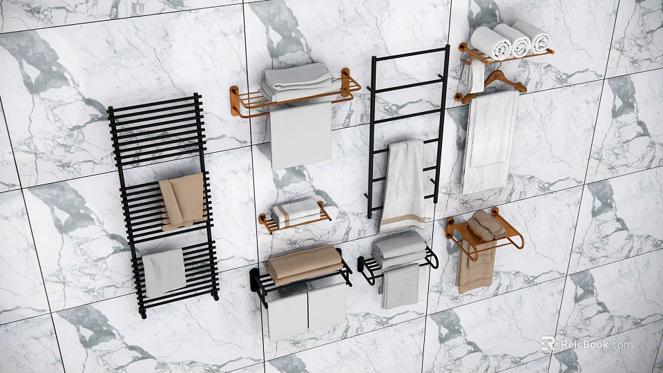 Modern Bathroom Cabinet Rack With Black Metal Towel Holders And Marble Wall Storage 3d model 