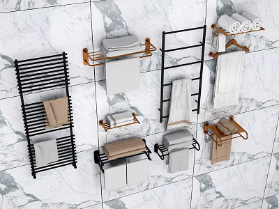 Modern Bathroom Cabinet Rack With Black Metal Towel Holders And Marble Wall Storage 3d model