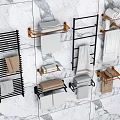 Modern Bathroom Cabinet Rack With Black Metal Towel Holders And Marble Wall Storage