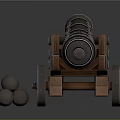 Detailed 3D Model of Vintage Cannon with Wooden Carriage Metal Barrel and Cannonballs