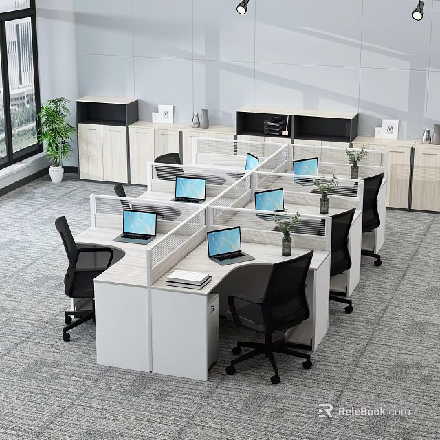Modern Office Desks in Cubicles with Laptops Potted Plants and Workstations 3d model