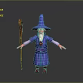 Man Dressed As Wizard With Blue Pointed Hat White Beard Purple Robe And Wooden Staff