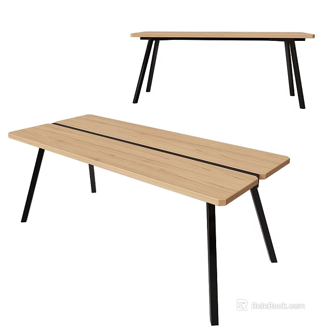 Modern Wooden Dining Table With Black Metal Legs And Simple Rectangular Top 3d model