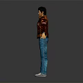 Human Character in Brown Jacket Blue Jeans White Sneakers Arms Outstretched Dark Background