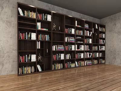 Spacious Dark Wood Bookcase Interior With Shelves Full Of Books And Wooden Floor 3d model