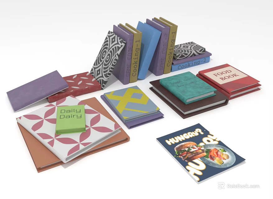 Colorful Notebooks with Various Designs Stacked Together Featuring Daily Plans and Hungry Covers 3d model 