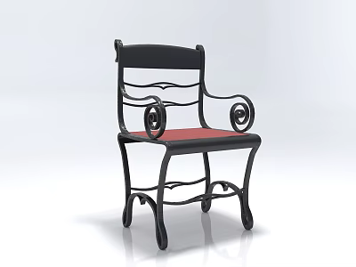 Elegant Vintage Single Chair With Black Metal Frame Curved Scroll Accents And Red Cushion 3d model