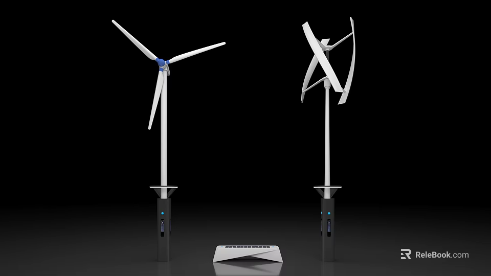 Industrial Wind Turbines Featuring Horizontal And Vertical Blades With Control Console Unit 3d model