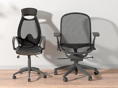 Two Black Mesh Office Chairs with Unique Back Designs Swivel Wheels Wooden Floor White Wall 3d model