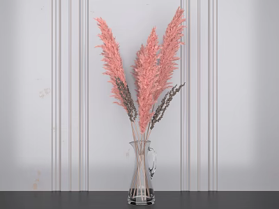 Clear Glass Vase With Pink Pampas Grass On Dark Tabletop Against Light Striped Wall 3d model