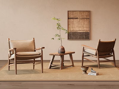 Light Tone Leisure Chairs With Wooden Frame Woven Details Near Small Table And Decorative Art 3d model