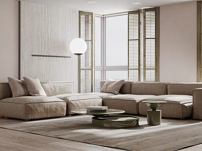 Modern Living Room Interior Design With L shaped Sofa Round Coffee Table And Natural Light 3d model