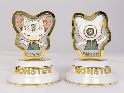 Decorative Cartoon Sphynx And White Cat Figurine Trophies With MONSTER Base 3d model