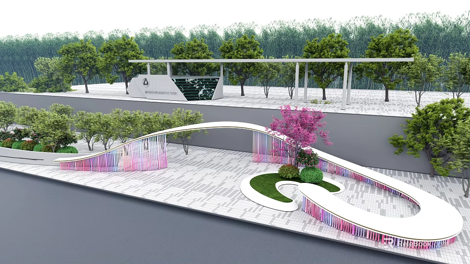 Modern Entrance Gate With Colorful Ribbon Decorations Green Plants And White Pavement 3d model 