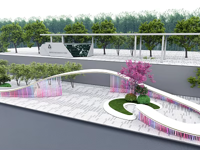 Modern Entrance Gate With Colorful Ribbon Decorations Green Plants And White Pavement 3d model