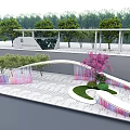Modern Entrance Gate With Colorful Ribbon Decorations Green Plants And White Pavement