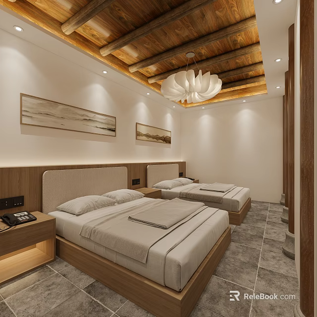 Hotel Guest Room Featuring Twin Beds Wooden Ceiling Chandelier Wall Paintings And Stone Flooring 3d model 