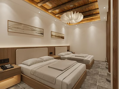 Hotel Guest Room Featuring Twin Beds Wooden Ceiling Chandelier Wall Paintings And Stone Flooring 3d model