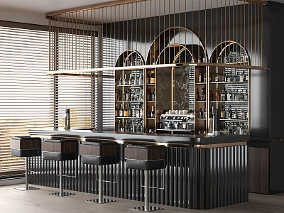 Modern Bar Interior Design With Golden Metal Framework Black Bar Stools And Shelves 3d model