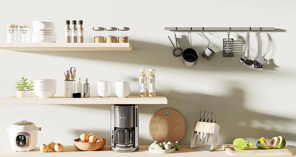 Organized Kitchen Shelves With Hanging Utensils Coffee Maker Cutting Board And Cooking Tools 3d model 