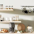 Organized Kitchen Shelves With Hanging Utensils Coffee Maker Cutting Board And Cooking Tools