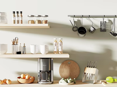 Organized Kitchen Shelves With Hanging Utensils Coffee Maker Cutting Board And Cooking Tools 3d model