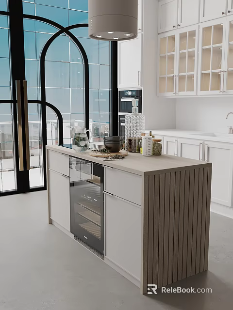 Modern Open Kitchen Interior With White Cabinets Glass Doors And Island Countertop 3d model 
