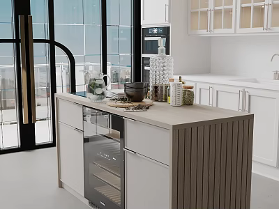Modern Open Kitchen Interior With White Cabinets Glass Doors And Island Countertop 3d model