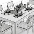 Modern Dining Table Set With White Chairs Tableware Peaches And Wine Glasses 3d model