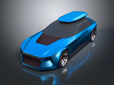 Blue Futuristic Concept Car With Sleek Body Silver Wheels And Roof Structure 3d model