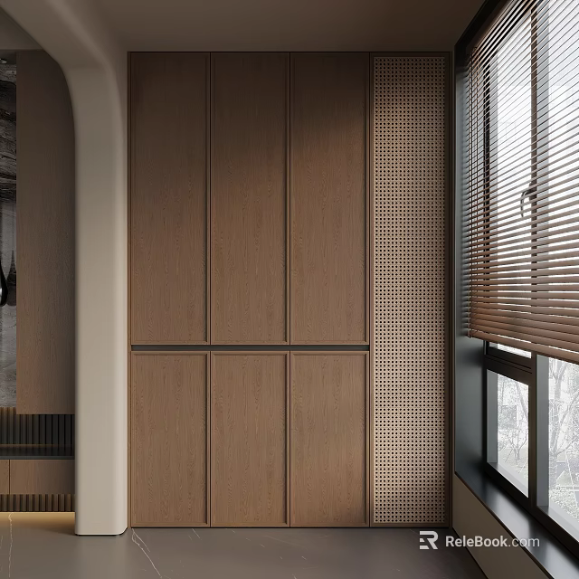 Modern Wooden Balcony Cabinet Design With Window Blinds And Grid Wall 3d model 