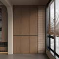 Modern Wooden Balcony Cabinet Design With Window Blinds And Grid Wall