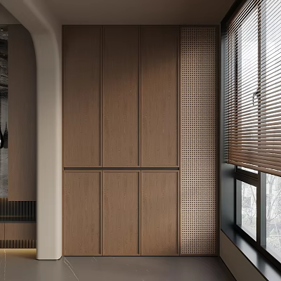 Modern Wooden Balcony Cabinet Design With Window Blinds And Grid Wall 3d model