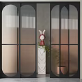 Stylish Sliding Doors With Black Frames Arched Design Frosted Glass Rabbit Doll And Plants