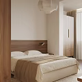 Minimalist Bedroom Interior With Wooden Headboard Pendant Light Nightstand And Area Rug